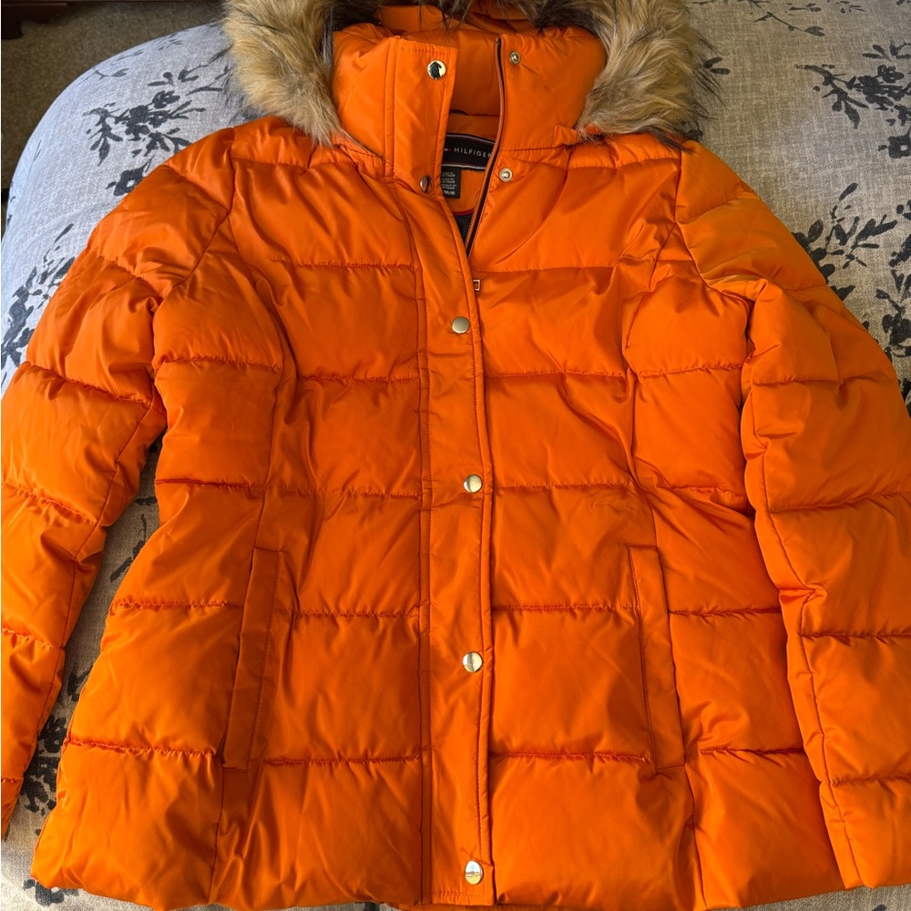 Tommy Hilfiger Vibrant Orange Puffer Coat with Faux Fur Trim